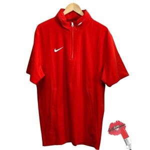 Nike Coaches Jacket Mens Medium Red 1/4 Zip Short‎ Sleeve Shirt Hidden Hood